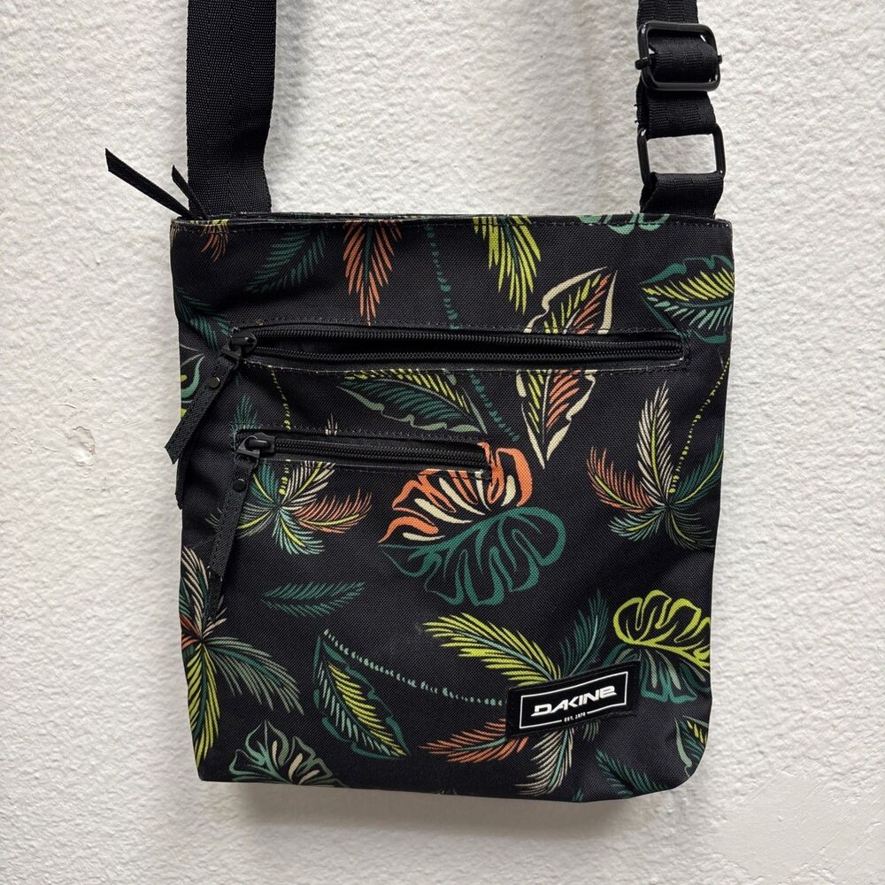 Dakine Jive Crossbody Bag Black Hawaiian Leaves Jojo Zip Strap Adjust Logo